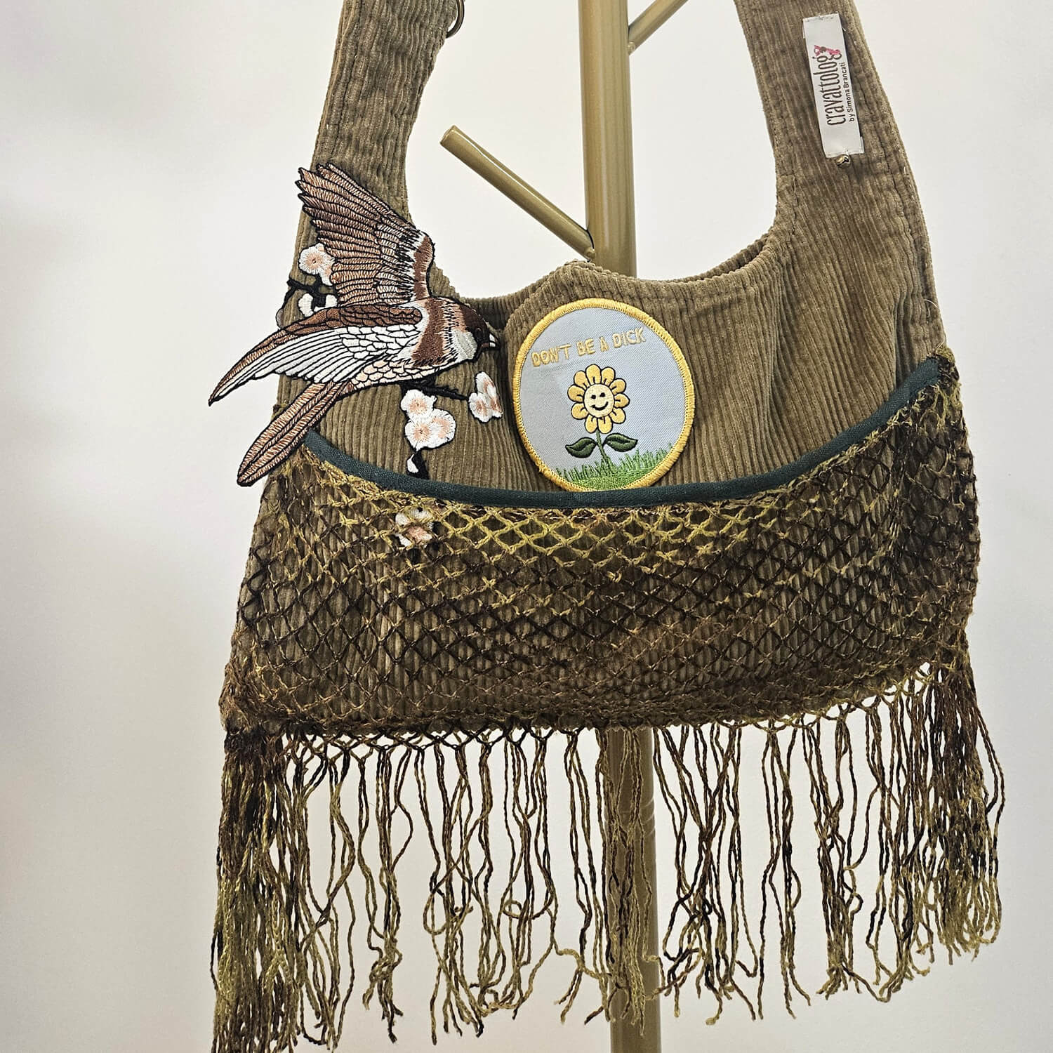 Don’t Be a Dick, upcycled corduroy bag with netting and embroidered patches – anti-hunting poster