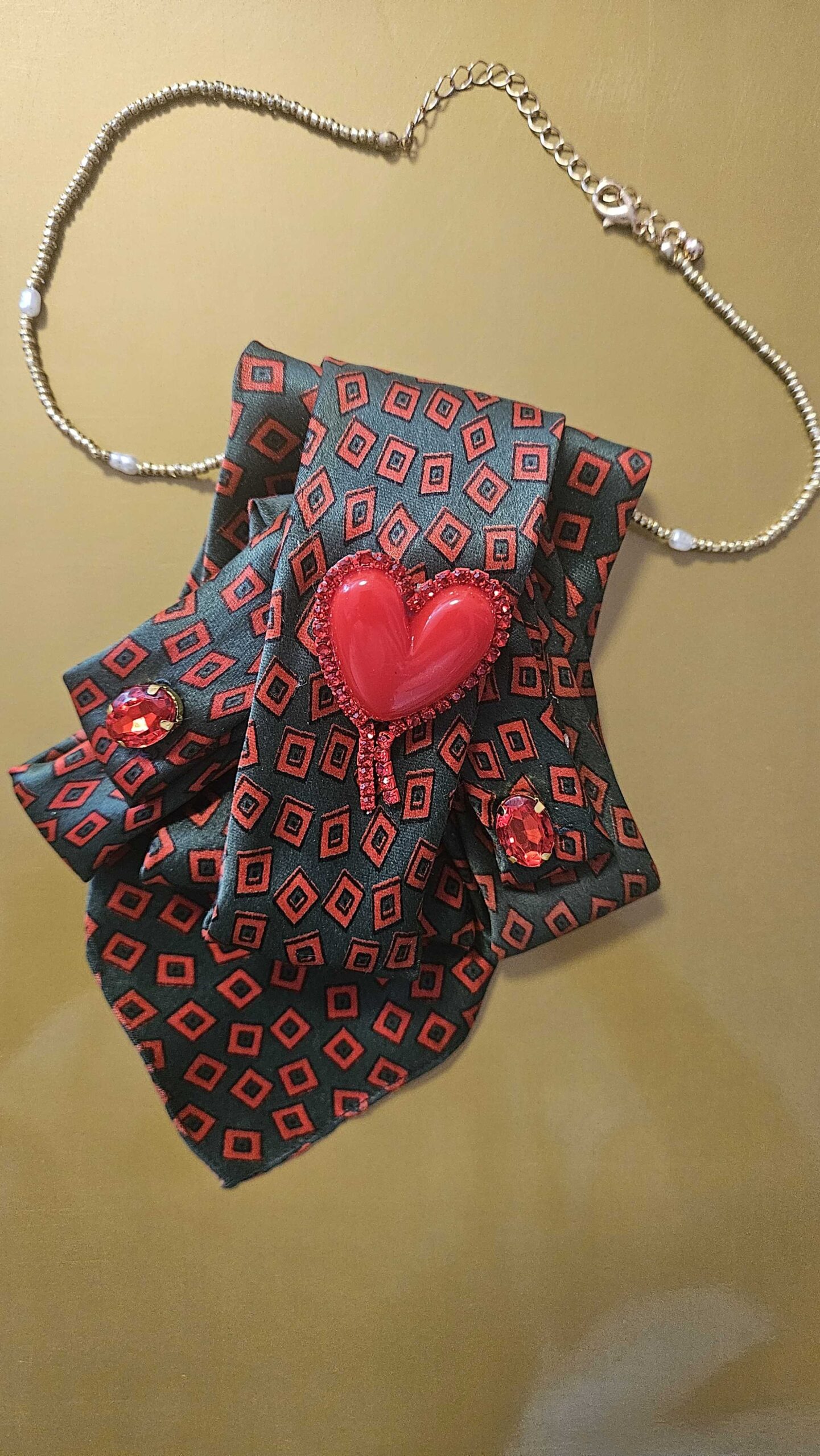 Vintage Heart, Jewelry Tie: Wearable Art—Upcycled with a Rigid Collar and Vintage-Style Brooch