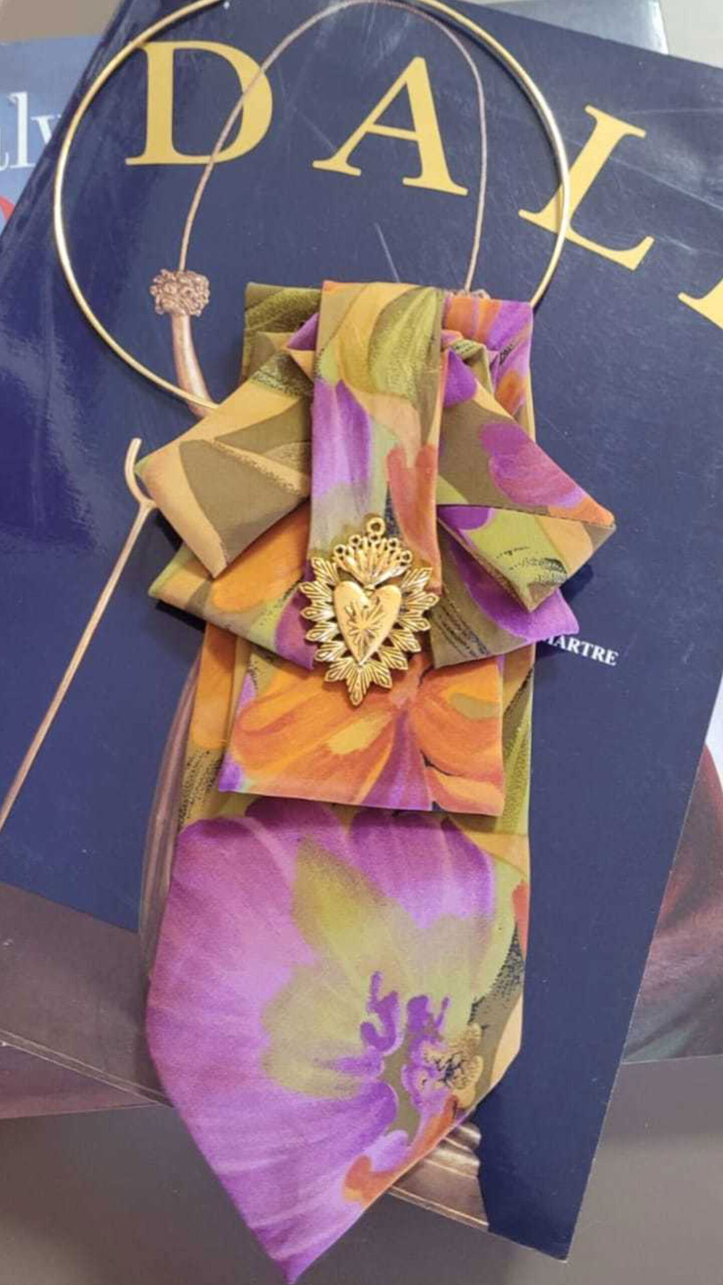 Tropical, Jewelry Tie: Wearable Art—Upcycled with a Rigid Collar and Vintage-Style Brooch
