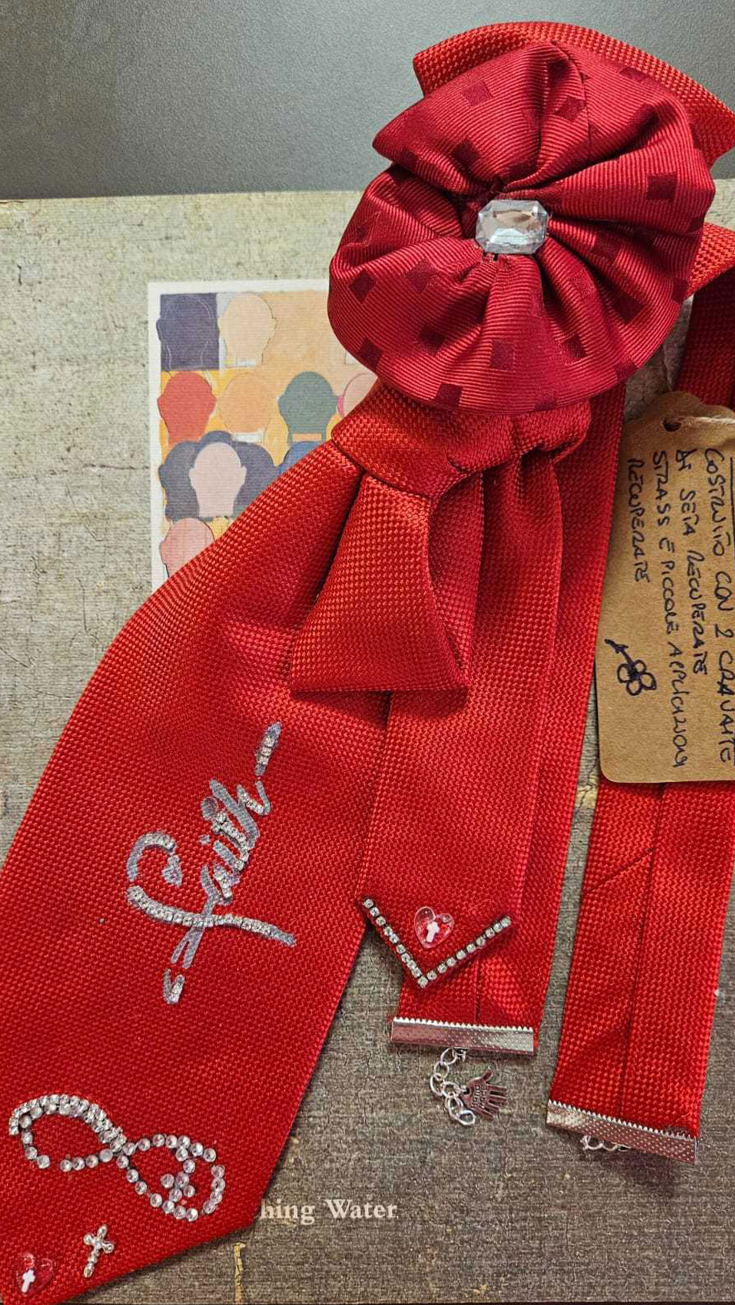 Amore e Faith, Vintage Red Silk Jeweled Tie with Rhinestones and Inscription