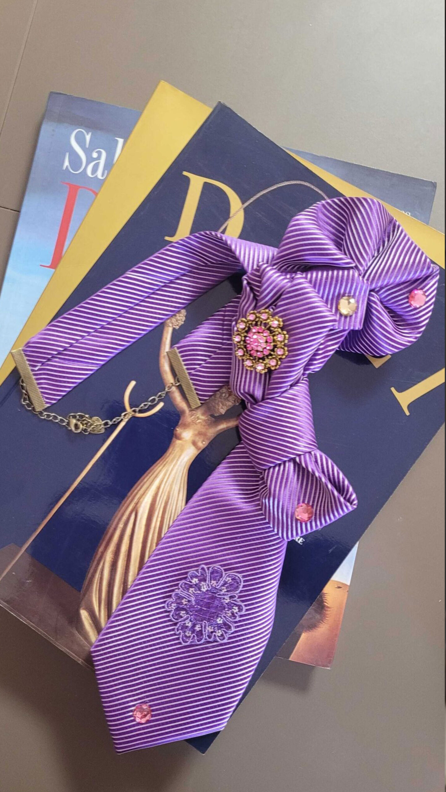 Fascino Rouche, Vintage Silk Jewelry Tie with Brooch, Rhinestones, and Patch