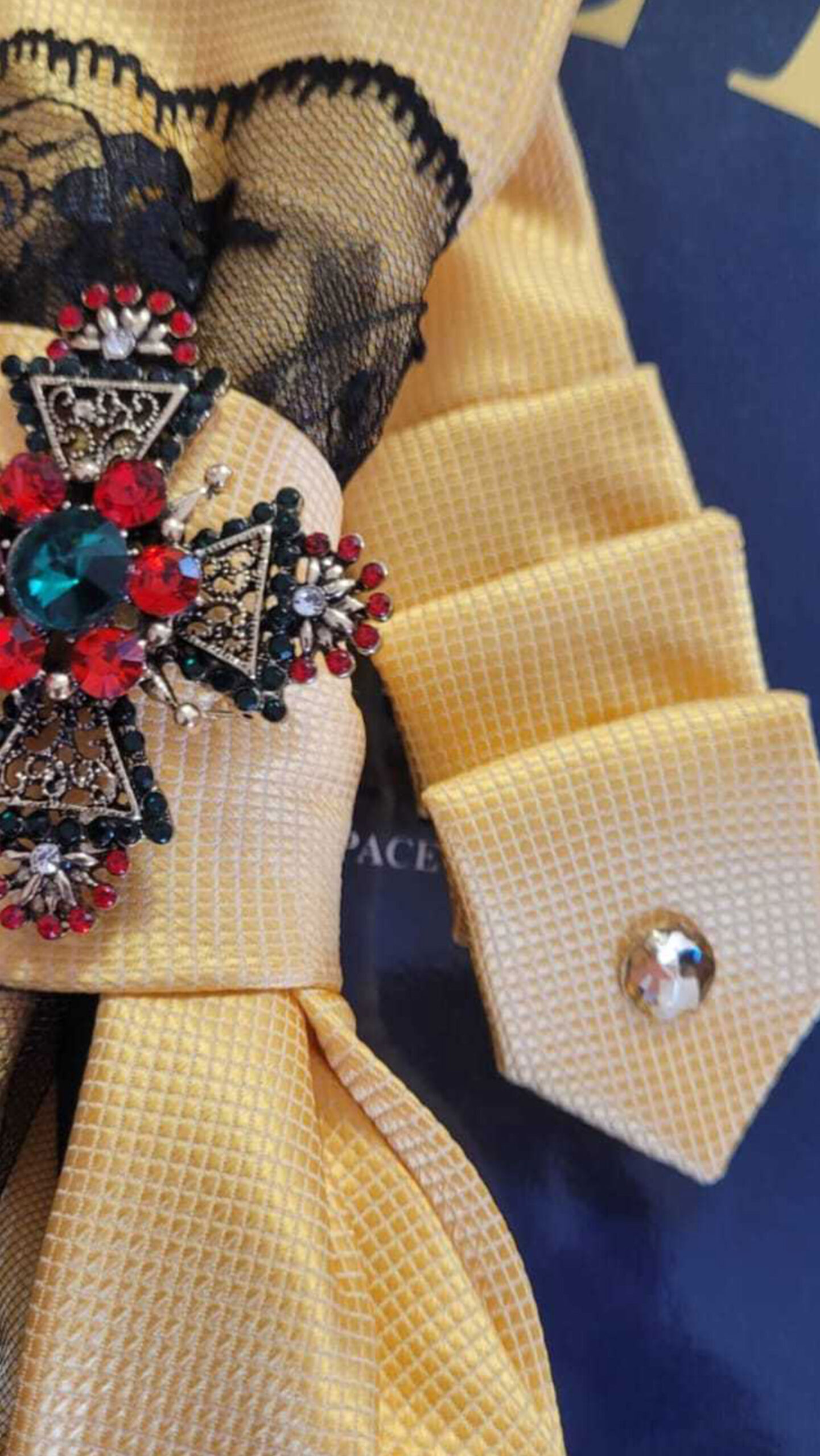Folds of Light, Yellow Silk Jewelry Tie with Lace and Brooch